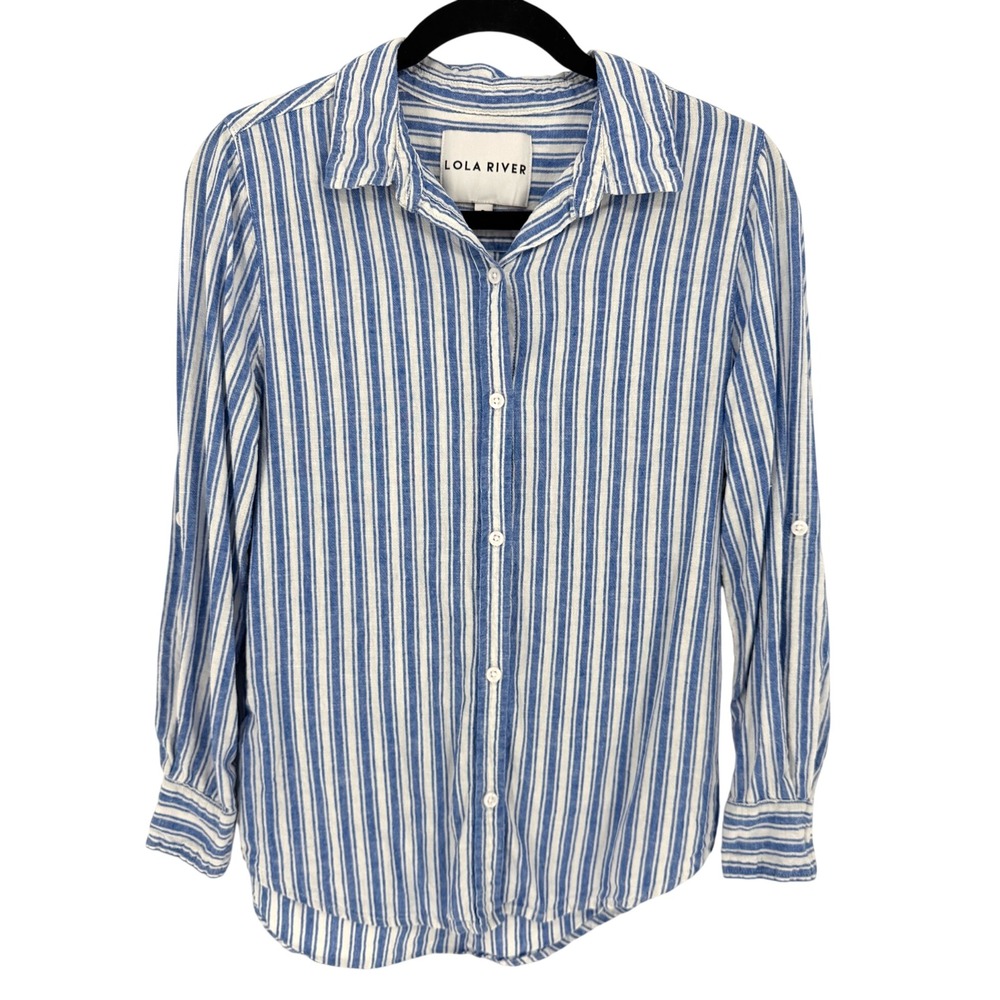 Lola River Button Down Shirt Striped S Blue White Linen Tencel Coastal Preppy